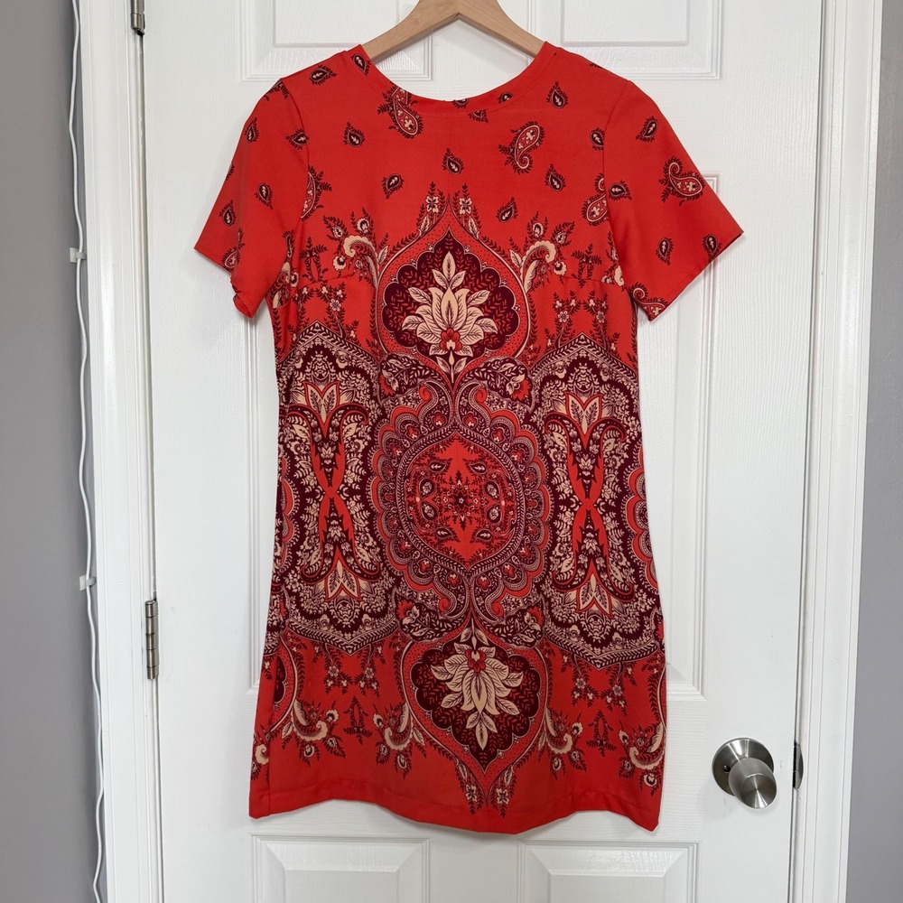 Abercrombie & Fitch Womens Red Paisley bandana Shift Mini Dress Short Sleeve M